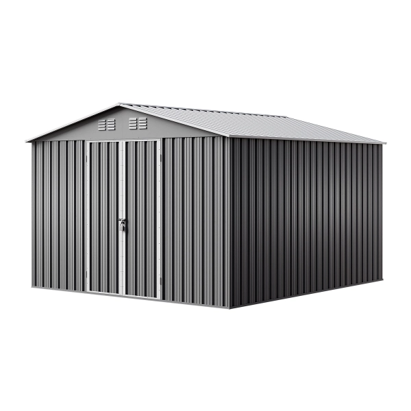 Domek ogrodowy narzędziowy metalowy NORDVIC Thor 283x313 cm - uchylne Drzwi, Ocynkowany, Dwuspadowy Dach, Wentylacja, Light Grey